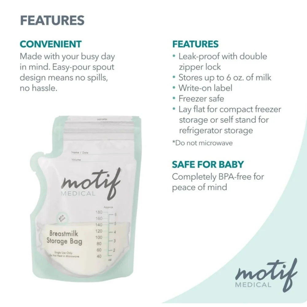 Motif Medical- Milk Storage/ Freezer Bags w/ easy pour spout and label, 6oz. 90c
